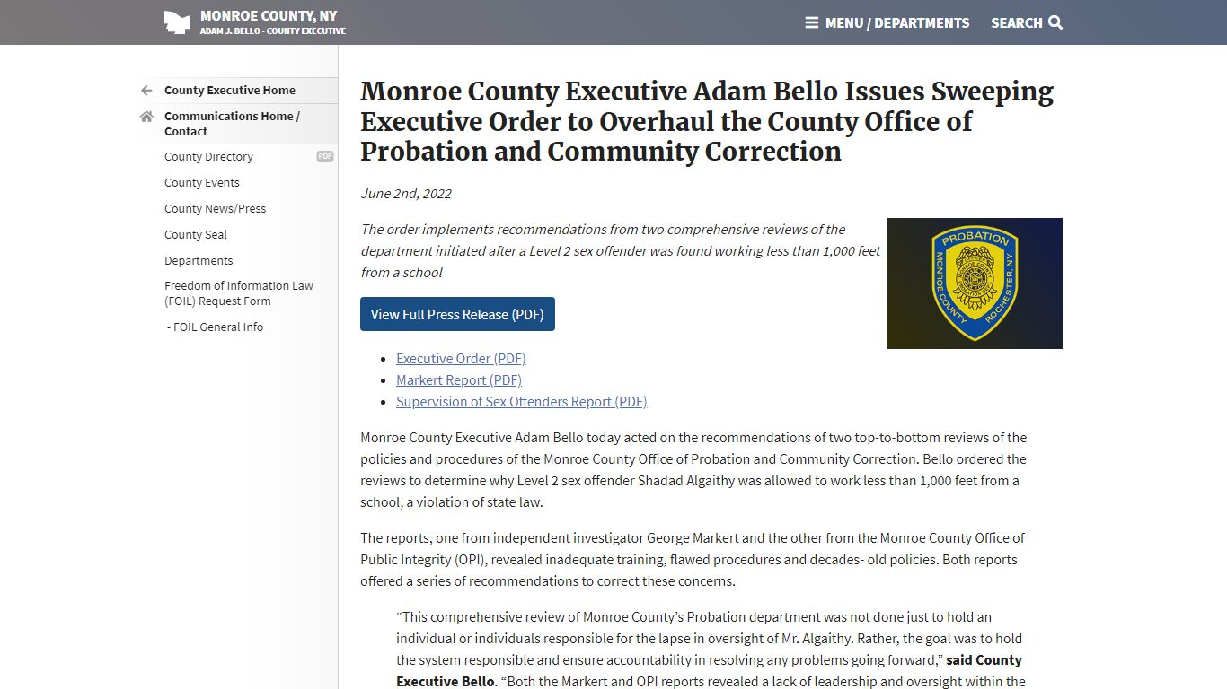 Monroe County, NY - Monroe County Executive Adam Bello Issues Sweeping ...